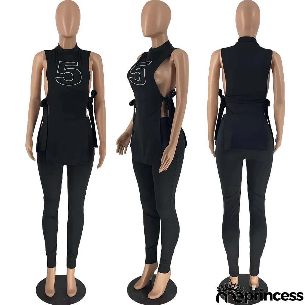 Women's Summer Slit Lace-Up Fashion Printed Two Piece