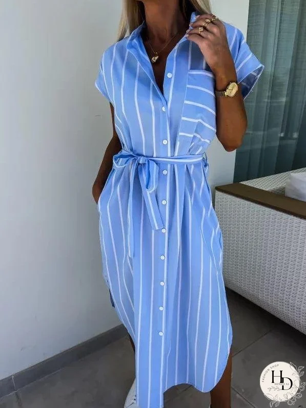 Classci Striped Waist Tie Shirt Dress