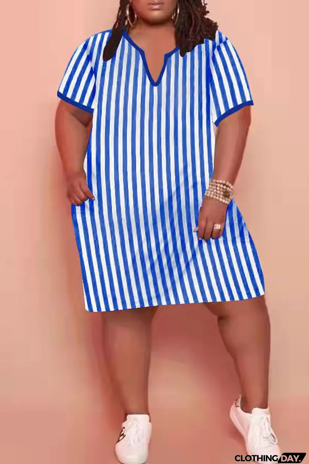 Light Blue Fashion Casual Plus Size Striped Print Split Joint V Neck Short Sleeve Dress