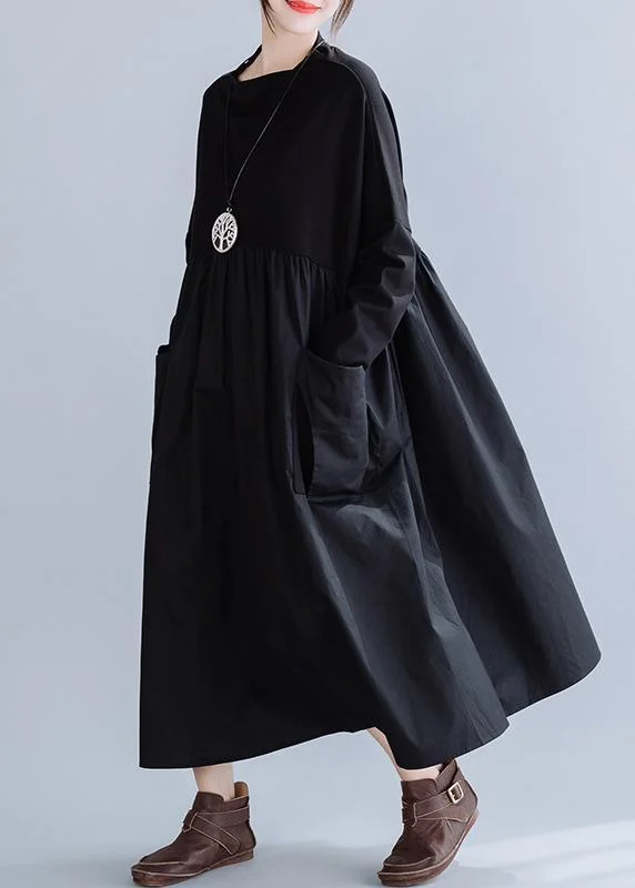 Loose Black Patchwork Cotton Cinched Spring Dress