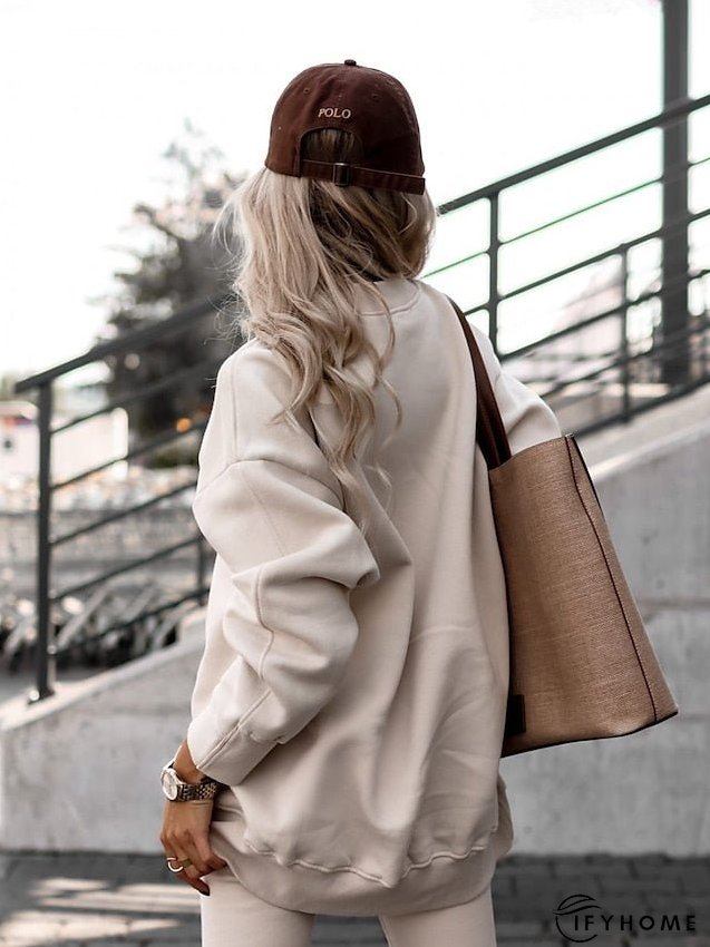 Sweatshirt Tracksuit Pants Sets Pants Trousers Active Streetwear Pink Khaki Sports Outdoor Casual Solid Color Crew Neck S M L XL XXL for Women | IFYHOME