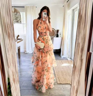 Fashion Print Round Neck Sleeveless Fitted Waist Bubble Cake Dress