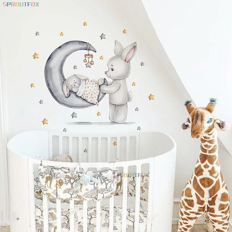 Bunny Good Night Wall Stickers For Children's Room Wallpaper Kids Rooms Animal Pattern Wall Stickers Child Wall Decorative Vinyl