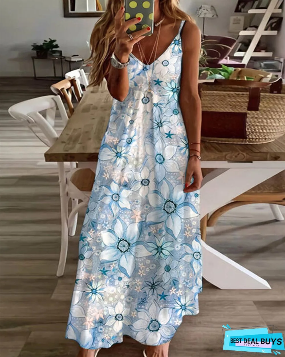 V-Neck Fashion Printed Loose Suspender Dress