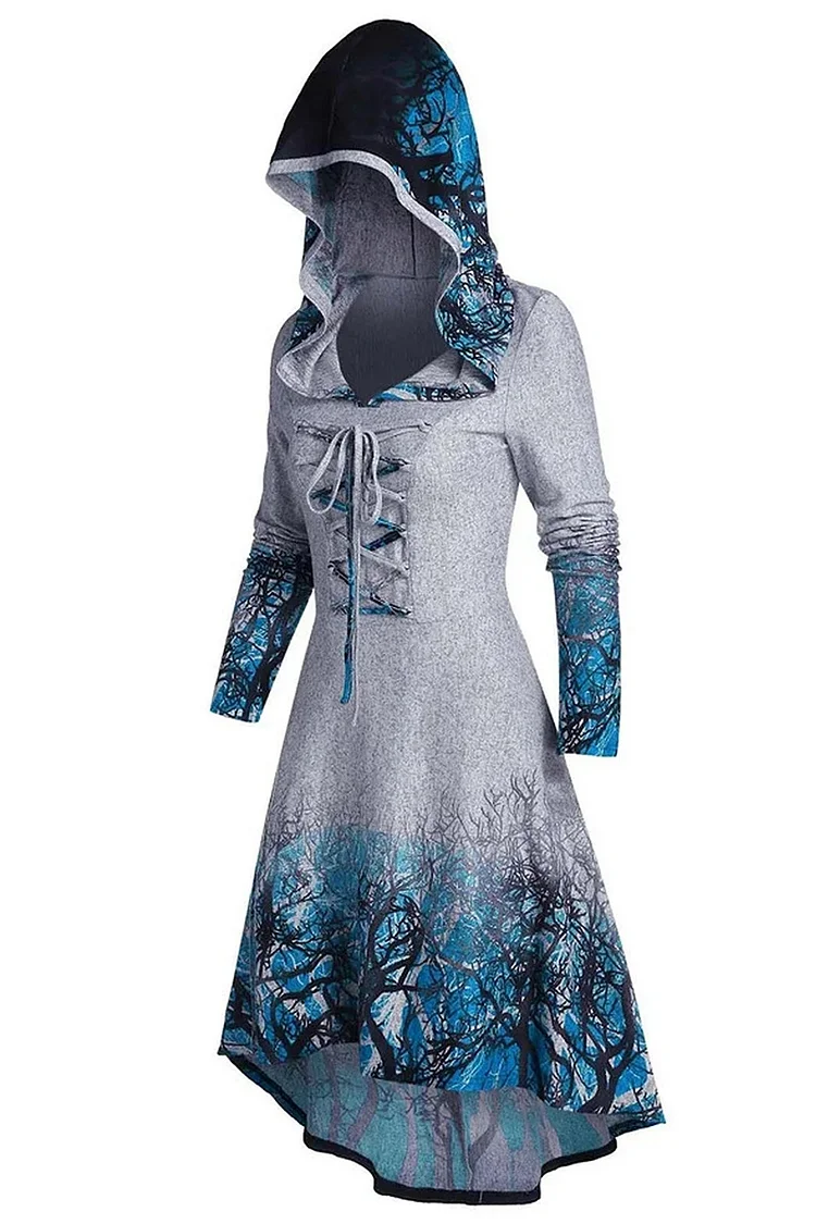 Gothic Plus Size Blue Casual Branch Print Hooded Lace Up High Low Winter Dress