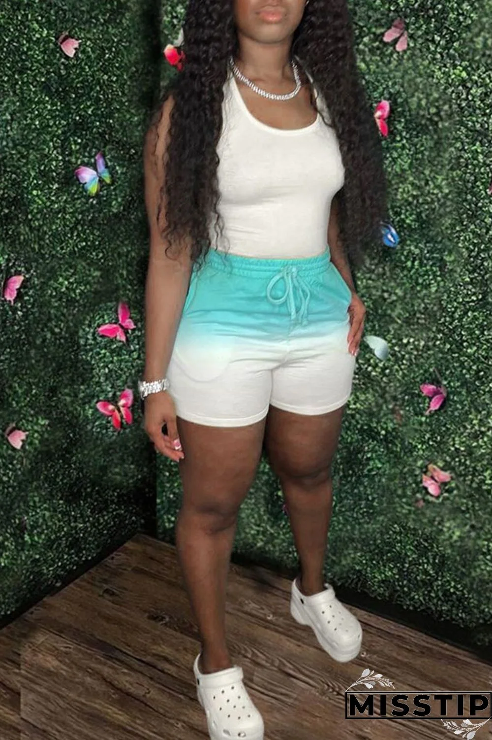 Fluorescent Green Casual Gradual Change Print Patchwork U Neck Sleeveless Two Pieces