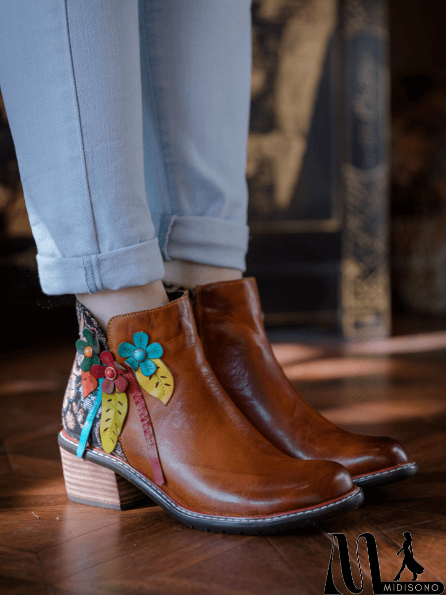 MidiSono - SOFFIA | PETAL APPLIQUE LEATHER ANKLE BOOT