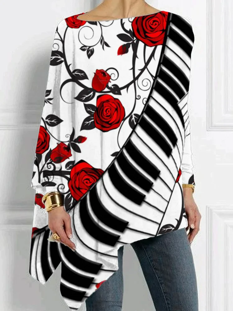 Red Roses And Piano Keys Bat Sleeve T Shirt