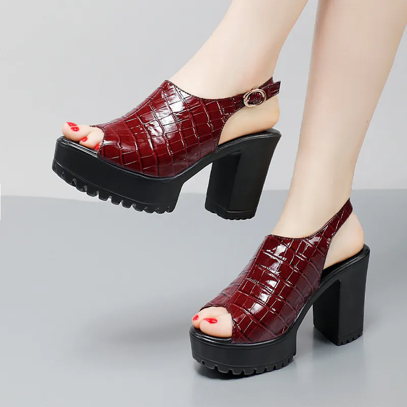 Breakj Breakj Mouth Patent Leather Crocodile High Heel Sandals Summer White Wedding Shoes Waterproof Table Thick Cheongsam Walking Shoes Coarse Heel Women's Shoes