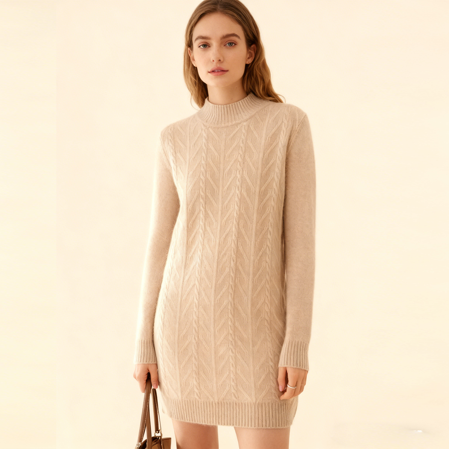 Turtleneck Cable Knit Women's Cashmere Dress REAL SILK LIFE