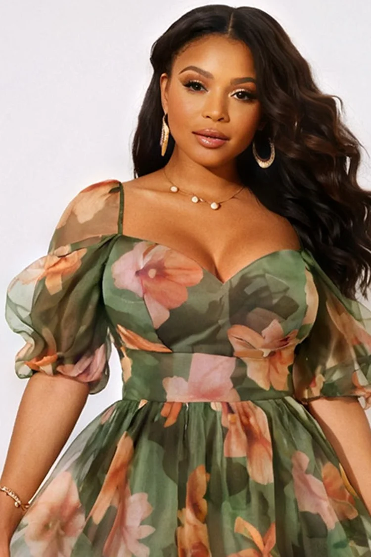 Xpluswear Design Plus Size Vacation Sage Green Milkmaid Floral Square Neck Puff Sleeve Short Sleeve Organza Mini Dresses [Pre-Order]