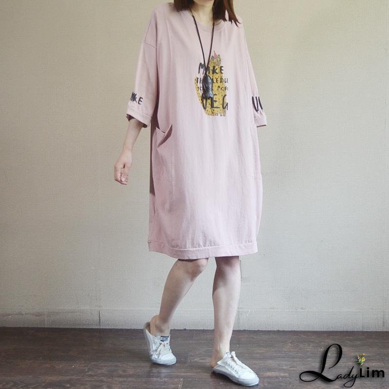 Fashion Round Neck Casual Printed Cotton Dress