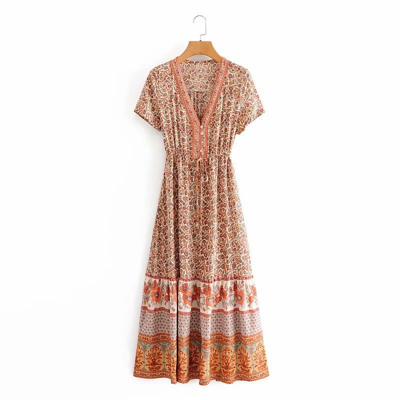 2021 Floral print summer beach Bohemian dress for women Ladies V-neck short sleeve dress female Robe Boho hippie dress Chic