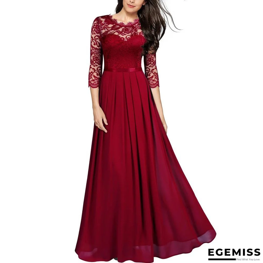 Medium-long Sleeve Chiffon Dress Round Neck Stitching Lace Dress Evening Dress Black Dresses | EGEMISS