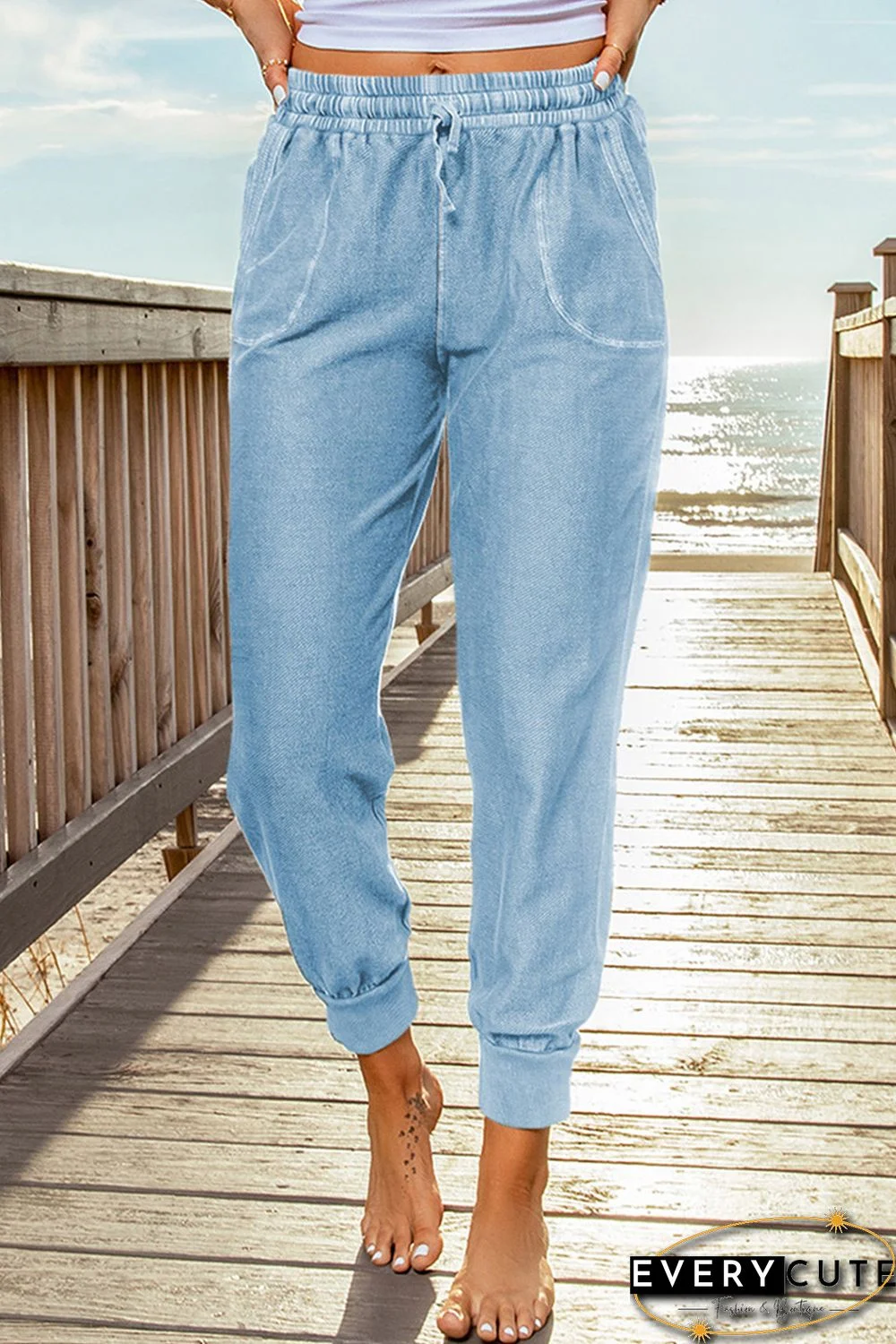 Sky Blue Elastic Waist Jogger Pants with Pockets