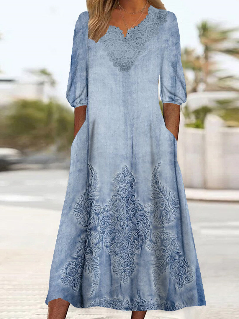 Women's 3/4 Sleeve V-neck Floral Printed Lace Stitching Midi Dress