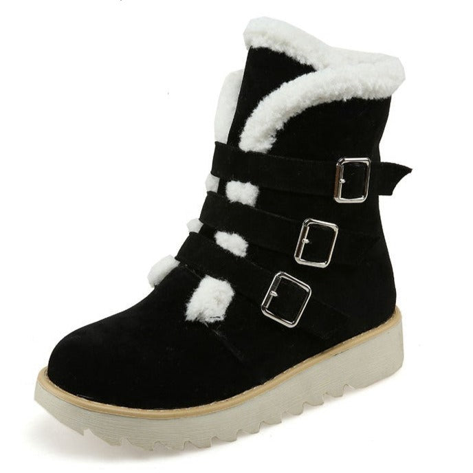 Faux fur buckle strap mid calf snow boots 4 colors