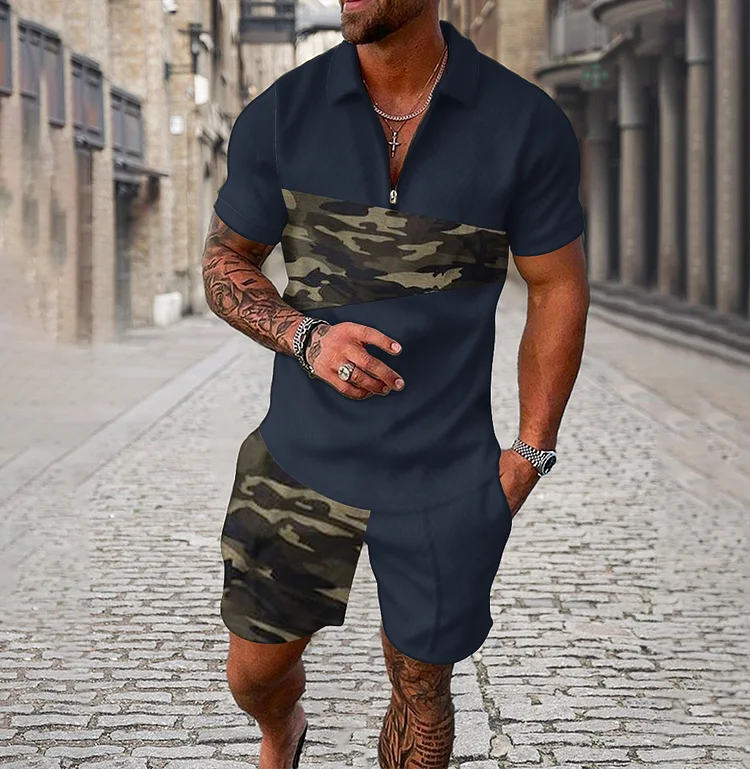 Broswear Men's Camouflage Stitching Navy Blue Short Sleeve Polo Shirt And Shorts Co-Ord