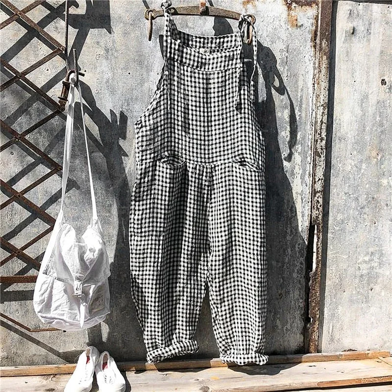 Women Casual Stripes Pocket Jumpsuit Summer Sleeveless Loose Bib Overalls Dungarees Wide Leg Jumpsuit Long Rompers Plus Size 5XL