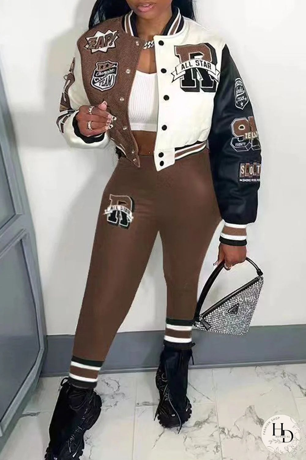 Dark Brown Casual Letter Print Patchwork Cardigan O Neck Long Sleeve Two Pieces