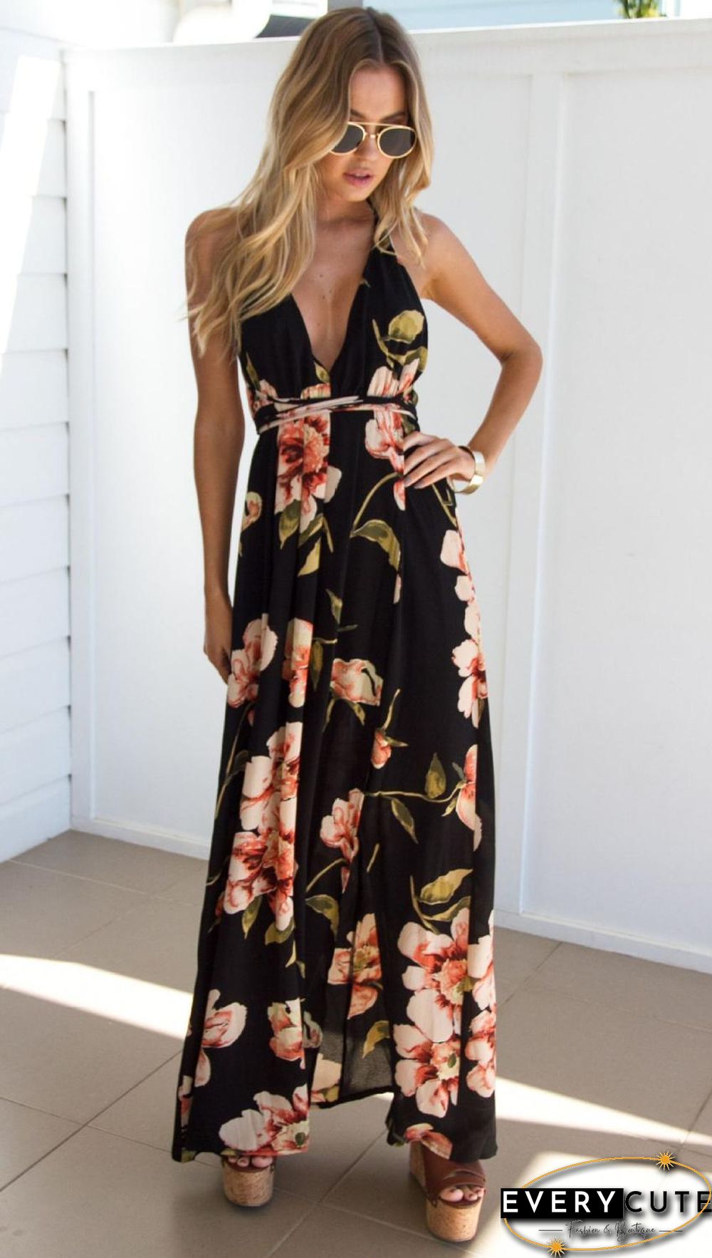 Summer Dress Women Floral Vestidos Mujeres Sexy Maxi Long Pleated Backless Robe Femme