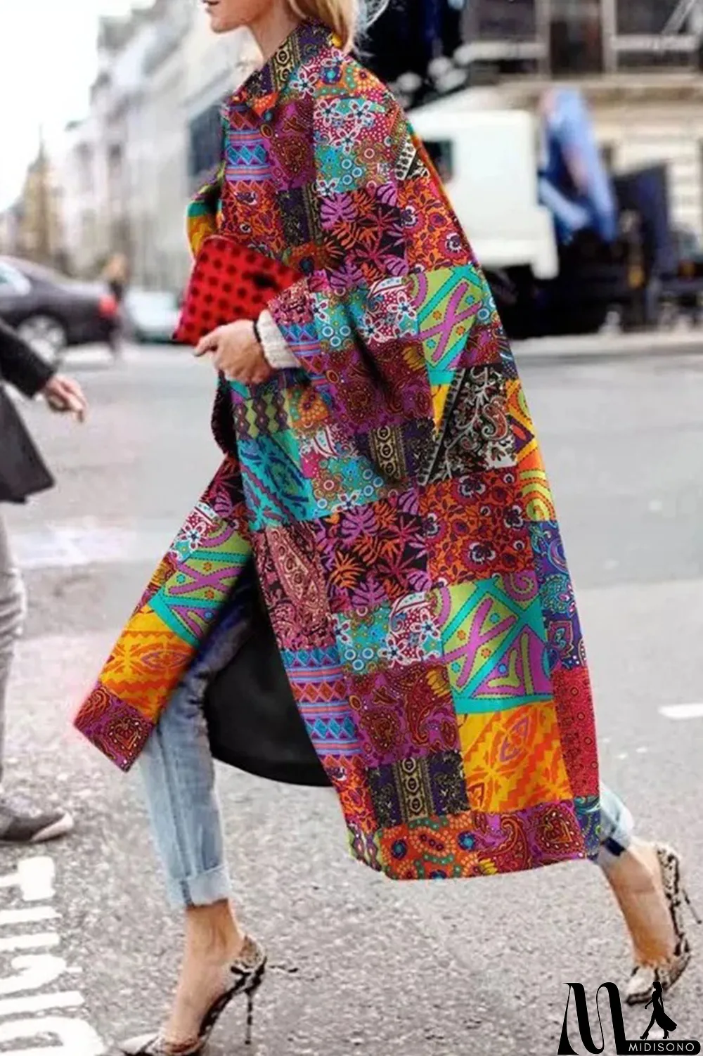 MidiSono - Yellow Blue Street Camouflage Print Patchwork Turndown Collar Outerwear