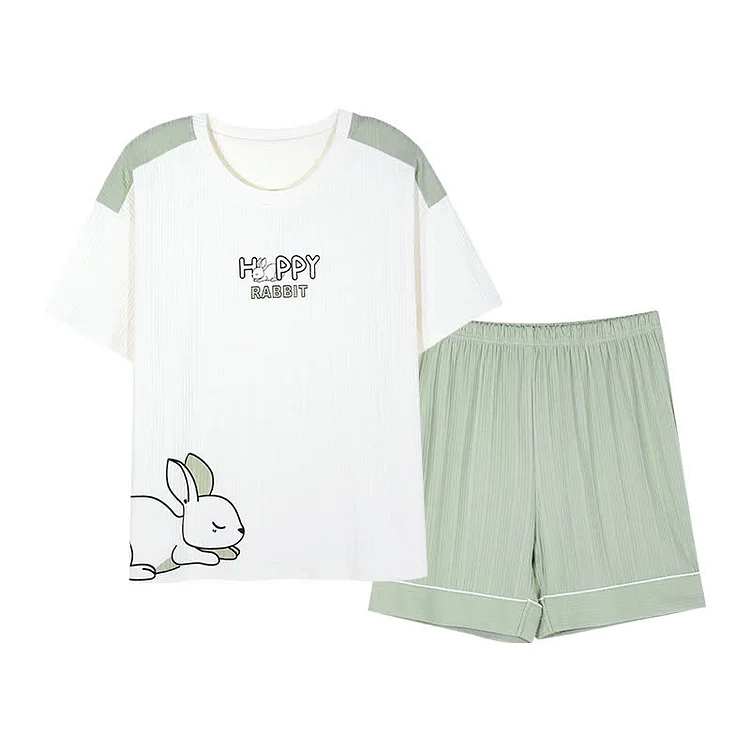Girlfriend Boyfriend Cartoon Rabbit Print Colorblock Summer Cotton Pajamas Set - Modakawa modakawa