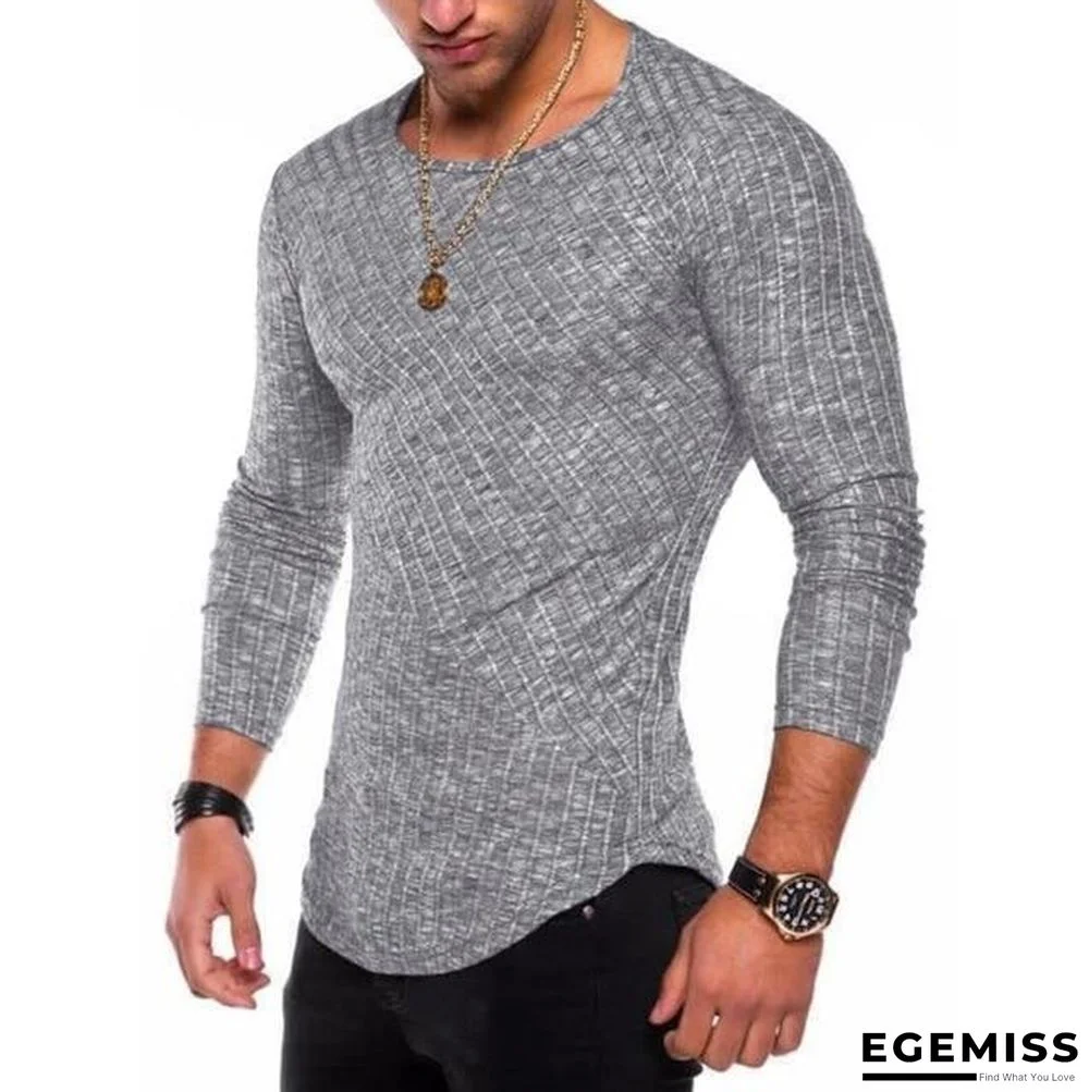 Men Long Sleeve T Shirt Casual Round Neck Striped Elastic Fit Funny Streetwear Solid Tshirt Hip Hop Tops | EGEMISS