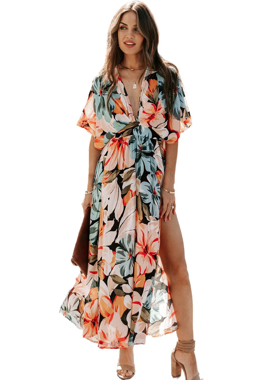 Women Orange Floral Kimono Long Dress with Slit