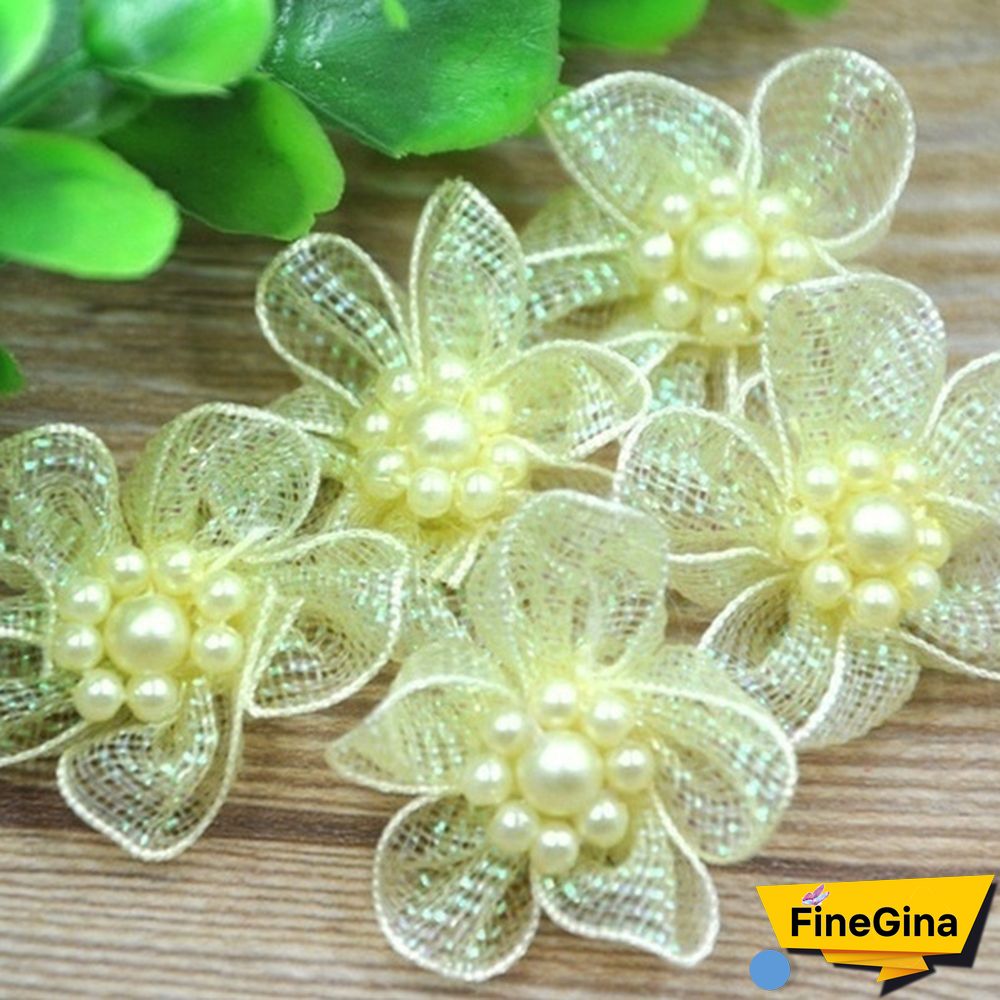 Hot 20Pcs Organza Ribbon Flowers Bows With Beads Appliques Wedding Craft DIY Christmas/Wedding Decoration