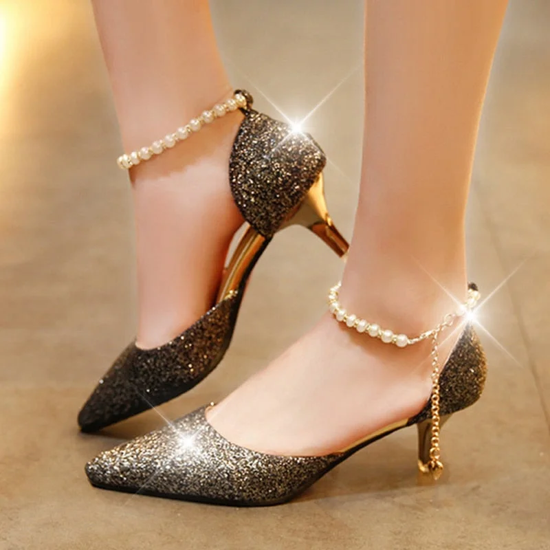 Sexy Pointed Toe Pearl High Heels Shoes Female Fashion Hollow with Sandals Paillette of The Thin Breathable Shoes Women Pumps