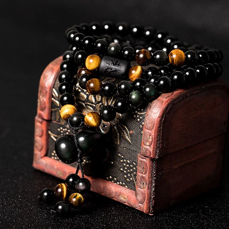 Natural Black Obsidian Rainbow Obsidian Gourd Blessing Bracelet Necklace Mala