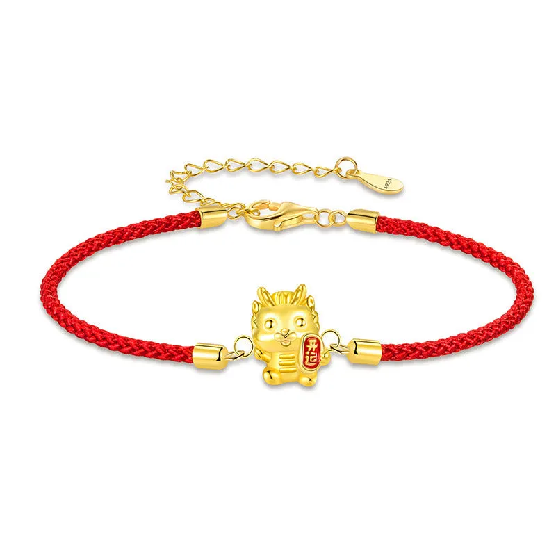 925 Sterling Silver Year Of The Dragon Lucky Golden Dragon Strength Red Rope Chain Bracelet