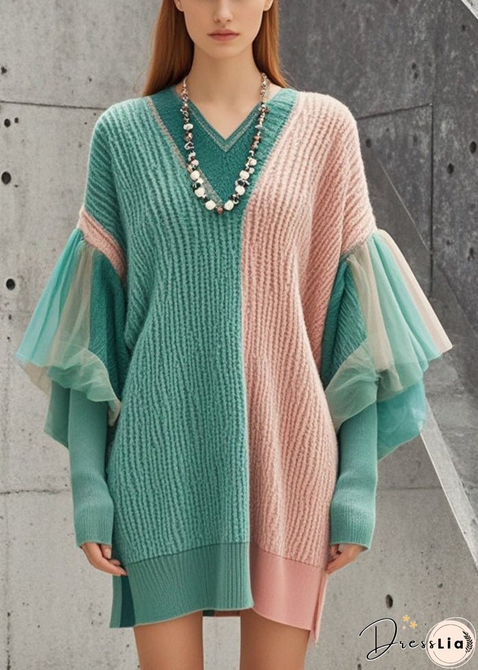 Style Colorblock Oversized Patchwork Side Open Tulle Sweater Dress Fall