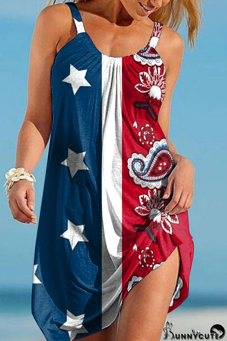 Blue Red Fashion Casual Print Basic O Neck Vest Dress