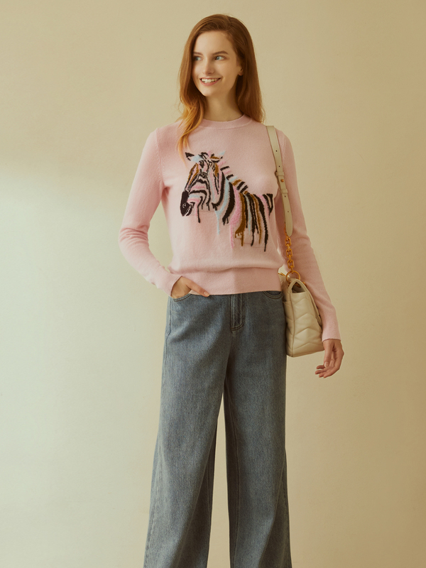 Jacquard Zebra Cartoon Cashmere Sweater REAL SILK LIFE