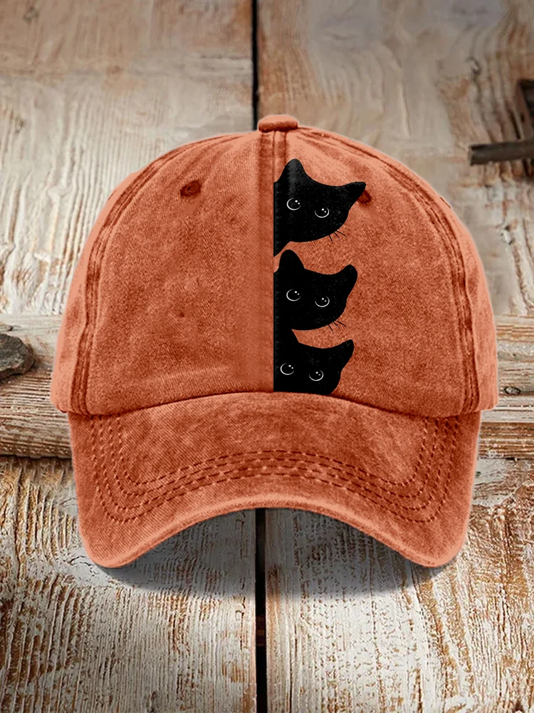 VChics Peeking Black Cats Pattern Vintage Washed Cap