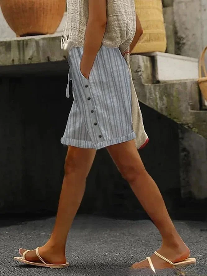 Casual Cotton And Linen Loose Striped Shorts