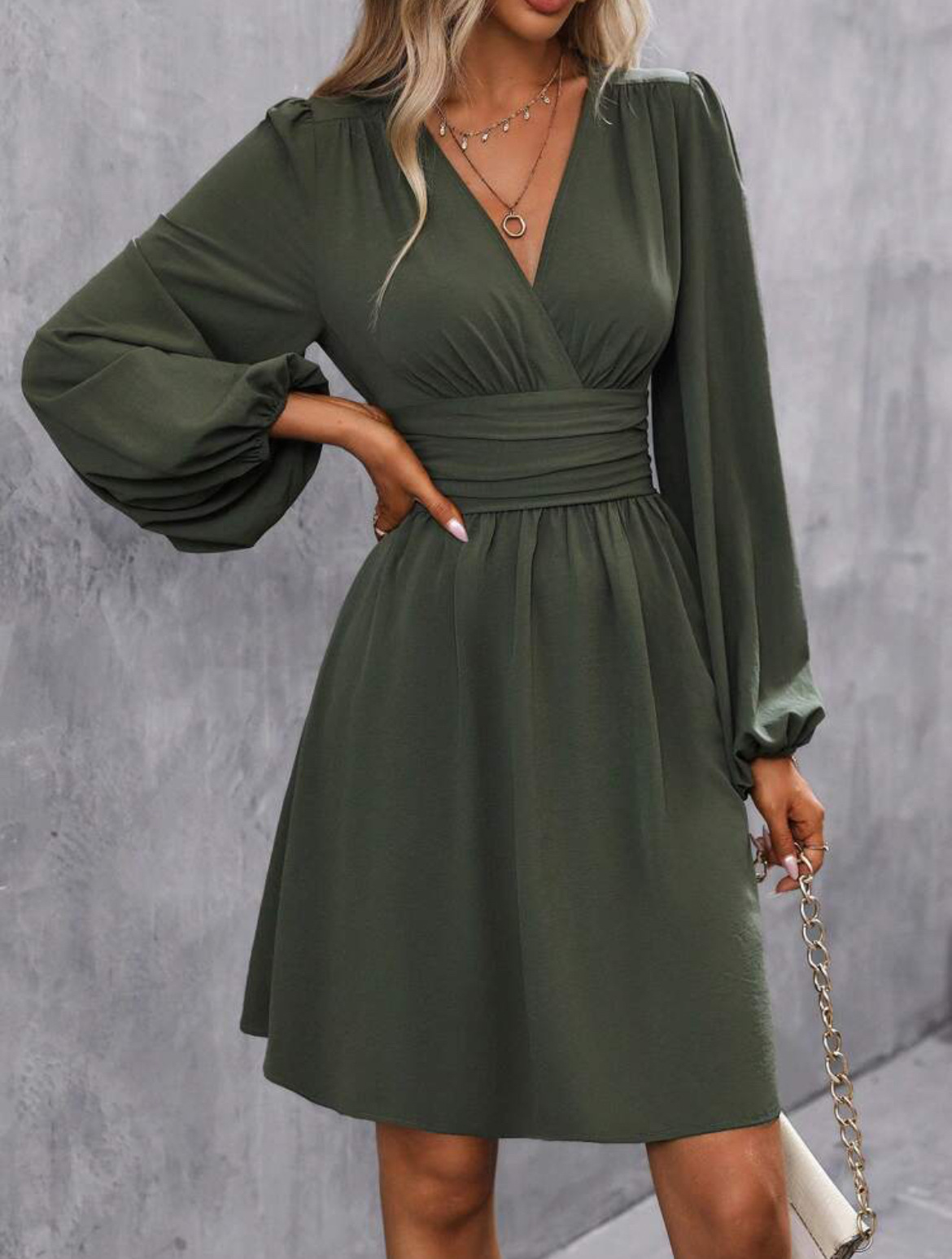 Mature Women Solid Color Chest Wrap V-neck Lantern Sleeve Dress