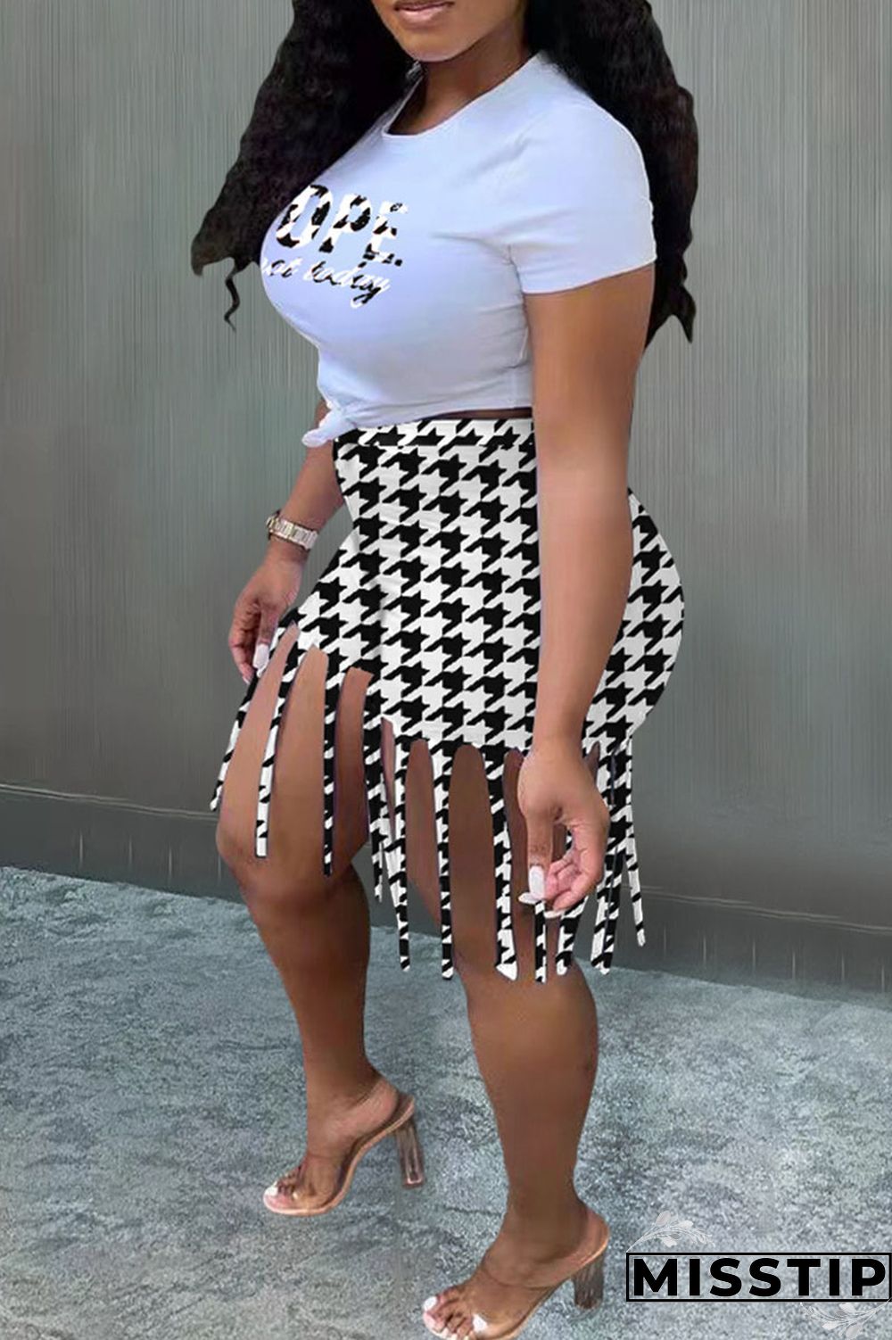 Black White Casual Street Print Tassel Patchwork O Neck Plus Size Two Pieces