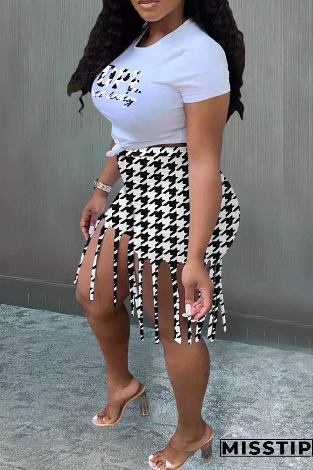 Black White Casual Street Print Tassel Patchwork O Neck Plus Size Two Pieces