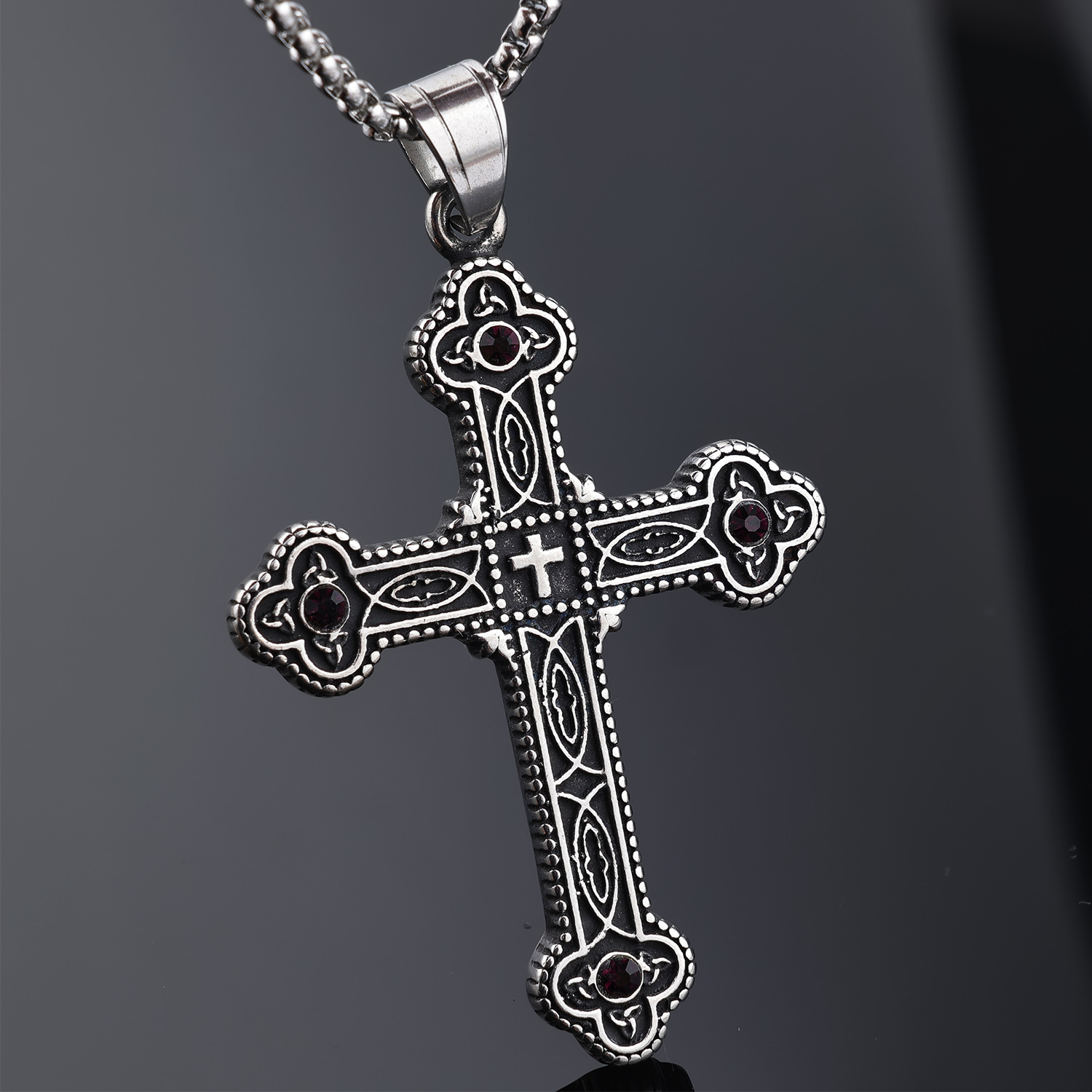 Elegant Gothic Cross Pendant Necklace With Red Gemstones