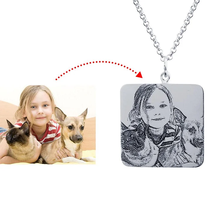 Personalized Square Engraved Silver Photo Necklace Dog Tag Nameplated Pet Pendant Necklace