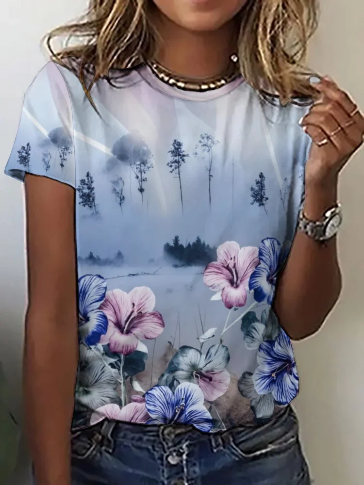 Printed Short Sleeve Casual T-shirt for  Women and Men Unisex Pattern Floral, Blue, Purple