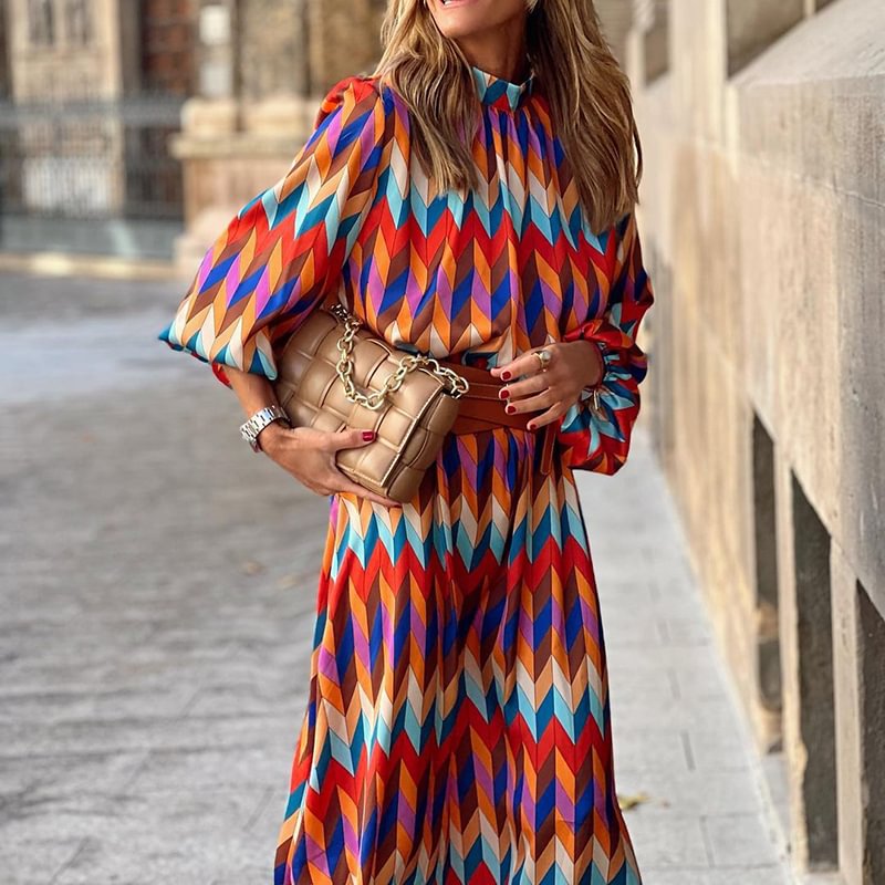 Fashion Mid Sleeve Contrast Print Midi Dress