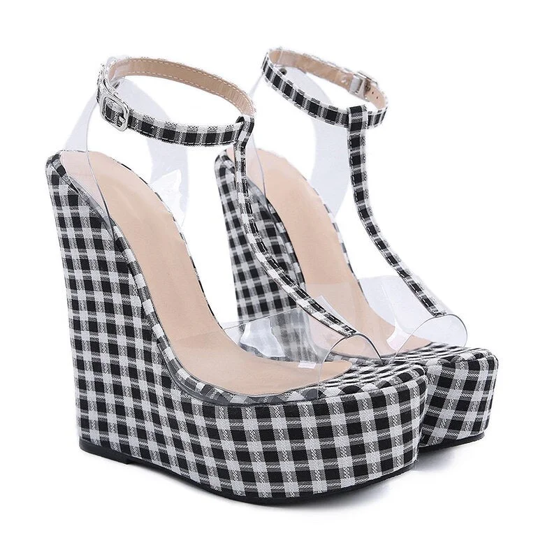 Super High Heels Sexy Party Shoes Fashion Gingham Thick Bottom Wedges Women Sandals Transparent PVC Ankle Strap Lady Shoes 2021