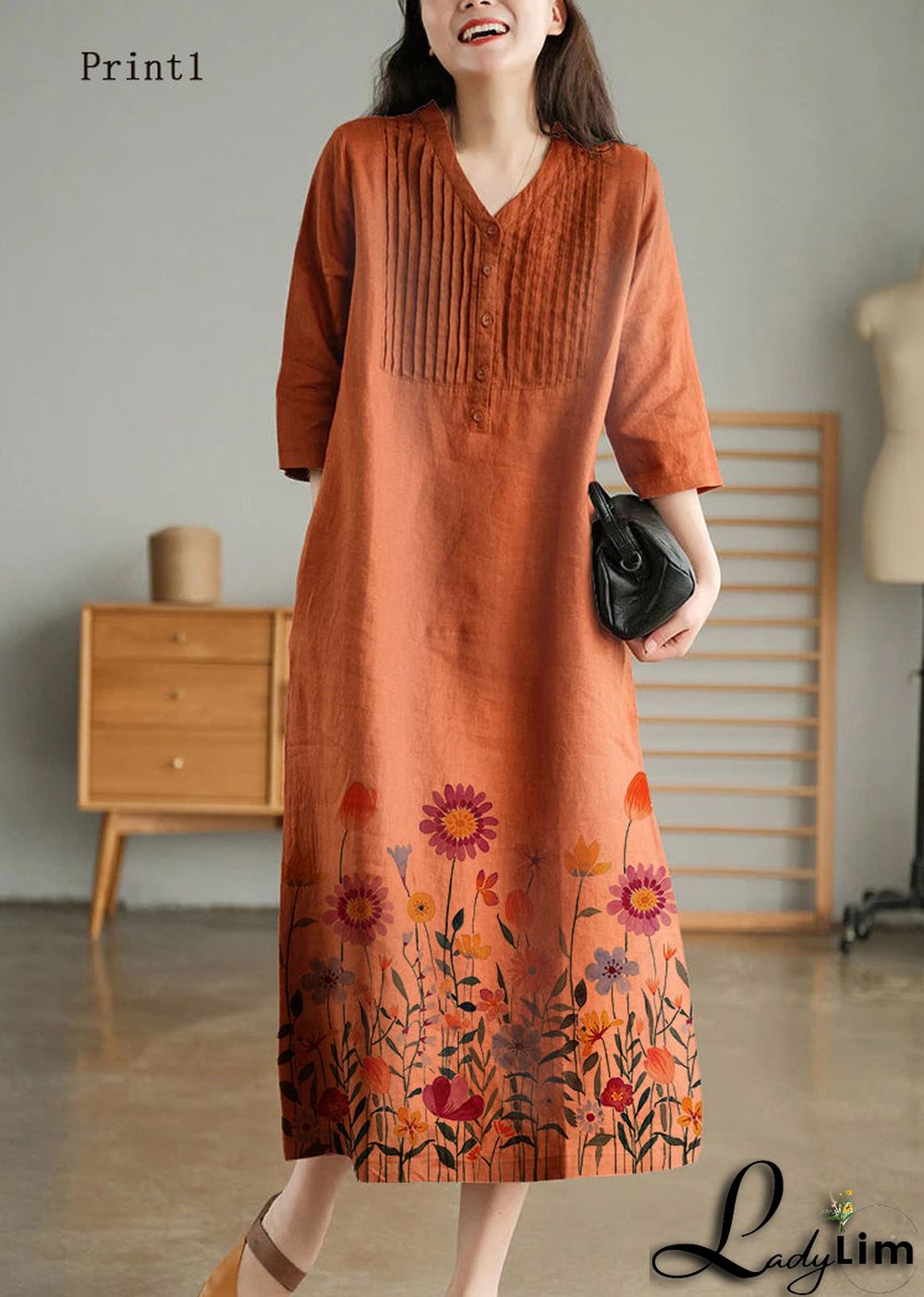 Grey Print6 Loose Linen Long Dresses Button Solid Half Sleeve