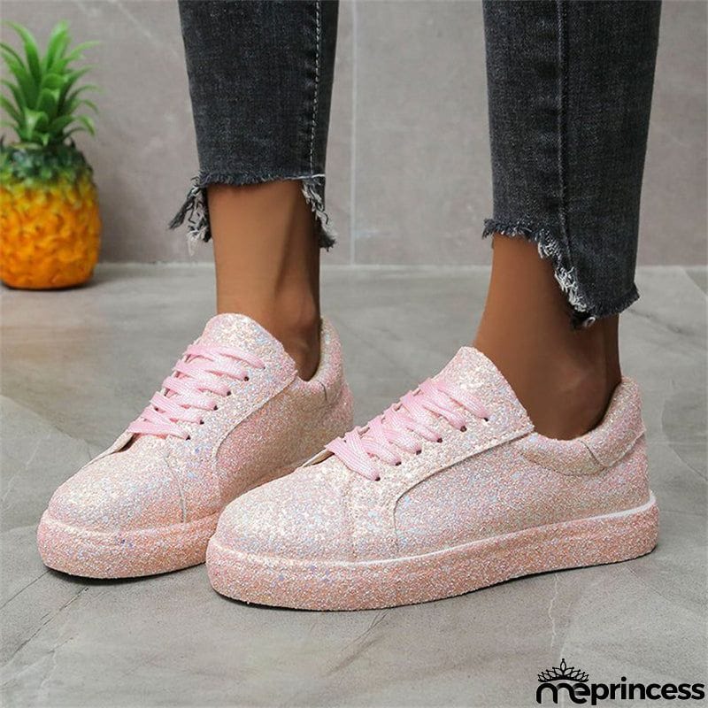 Women's New Cozy Casual Solid Color Sequin Lace-up Shoes