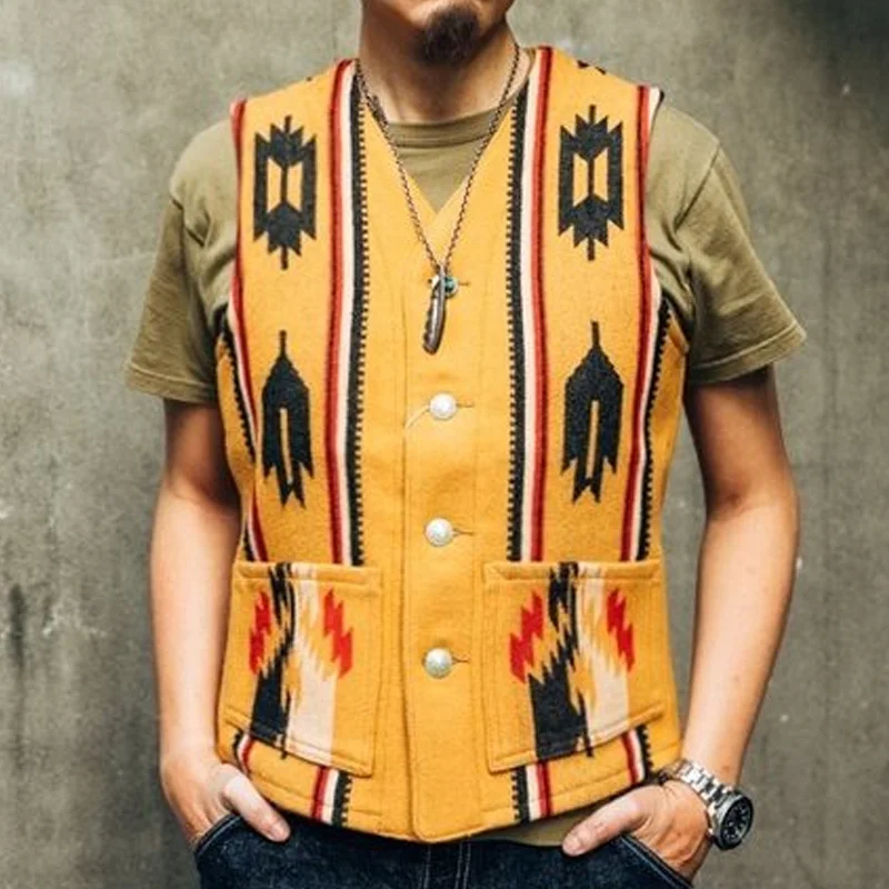 American Indian Ethnic Pattern Coin Buckle Blanket Vest