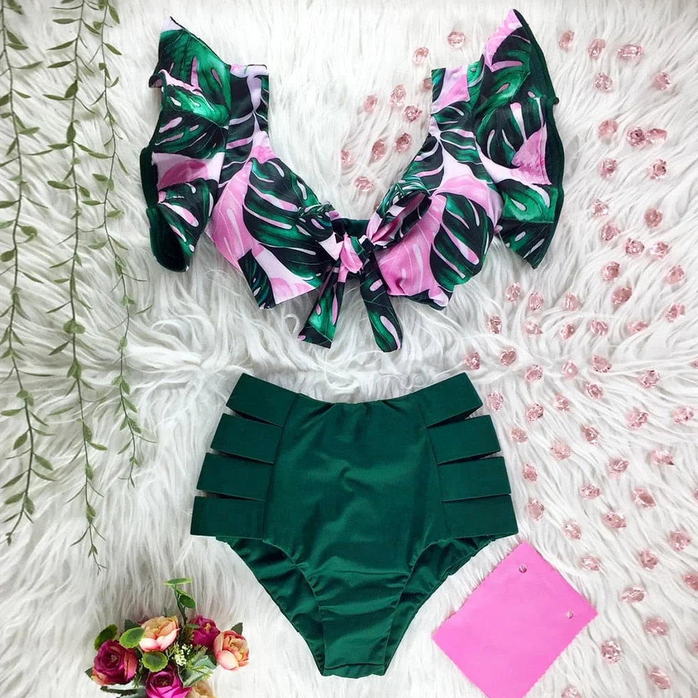 Two-Pieces Women Floral 2022 Push-Up Padded Bra Ruffles Bandage Bikini Set Swimsuit Swimwear Bathing Suit Beachwear Biquini